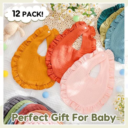 Newcotte 12 Pcs Baby Muslin Bibs and Burp Cloths Set, Cotton Absorbent Baby Bibs for Girls Boys Unisex Burping Cloths for Babies Drooling Bibs Newborn Teething Bibs Soft Adjustable Baby Drool Bibs in Saudi Arabia