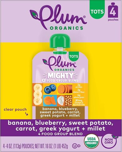 Plum Organics Mighty 4 Organic Toddler Food - Pear, Cherry, Blackberry, Strawberry, Black Bean, Spinach, and Oat - 4 oz Pouch - Organic Fruit and Vegetable Toddler Food Pouch in Saudi Arabia