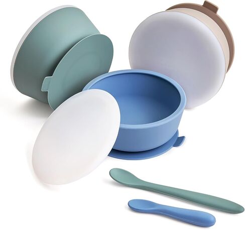 VITEVER 3 Pack Silicone Baby Bowls with Suction, Food Grade Silicone Toddler Bowls with Lids and Spoons, First Stage Set, BPA Free, Dishwasher, Microwave & Freezer Safe in Saudi Arabia