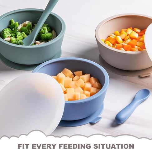 VITEVER 3 Pack Silicone Baby Bowls with Suction, Food Grade Silicone Toddler Bowls with Lids and Spoons, First Stage Set, BPA Free, Dishwasher, Microwave & Freezer Safe in Saudi Arabia