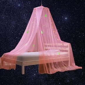 Mengersi Bed Canopy for Girls with Glow in The Dark Stars,Bed Canopy Curtains for Kids Baby Crib Twin Full Queen Size Bed,Canopy for Girls Room Decor,Pink
