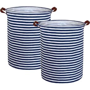 2pack storage bins,laundry basket,Collapsible large size storage basket with Waterproof PE Coating,Canvas Fabric Nursery Hamper for Toy storage,Gift，Baby Clothing.(2pack Navy Blue stripes)