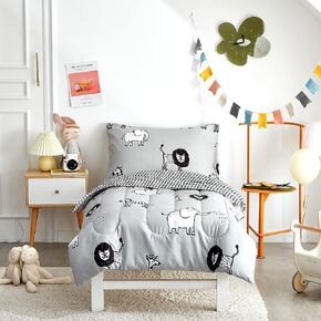 Flysheep 4 Piece Gray Grey Toddler Bedding Set with Multi Animals Printed for Baby Boys - Includes Quilted Comforter, Flat Sheet, Fitted Sheet & Pillow Case, Soft & Comfortable Microfiber in Kuwait