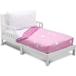 Delta Children Toddler Bedding Set | Girls 4 Piece Collection | Fitted Sheet, Flat Top Sheet w/Elastic Bottom, Fitted Comforter w/Elastic Bottom, Pillowcase, Blushing Star | Pink in Kuwait