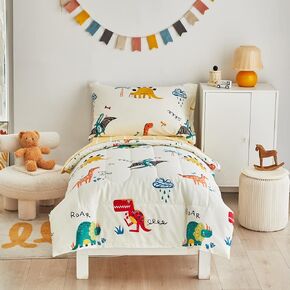 Joyreap 4 Piece Cotton Toddler Bedding Set for Kids Boys n Girls, Dinosaurs Blue n White Design, includes Quilted Comforter, Fitted Sheet, Top Sheet, and Pillow Case