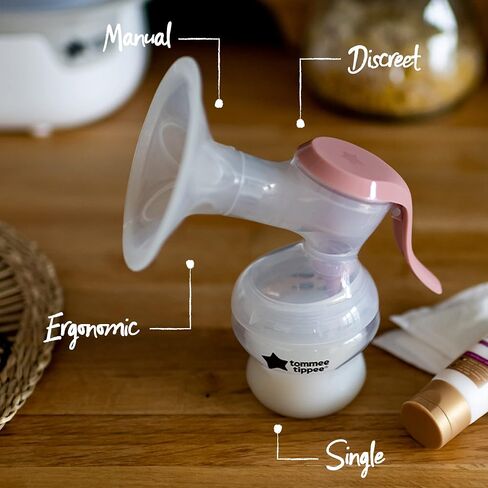 Tommee Tippee Made for Me Single Manual Breast Pump, Strong Suction, Soft Feel, Ergonomic Handle, Portable and Quiet Breastmilk Pump, Baby Bottle Included in Saudi Arabia