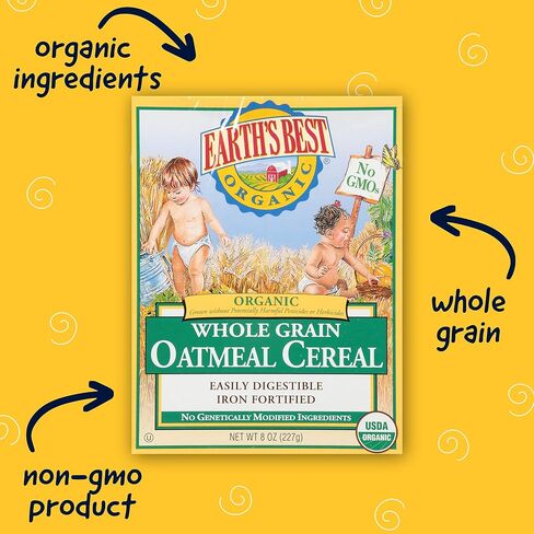 Earth's Best Organic Baby Food, Organic Whole Grain Oatmeal Baby Cereal, Non-GMO, Easily Digestible and Iron Fortified Baby Food, 8 oz Box in Saudi Arabia