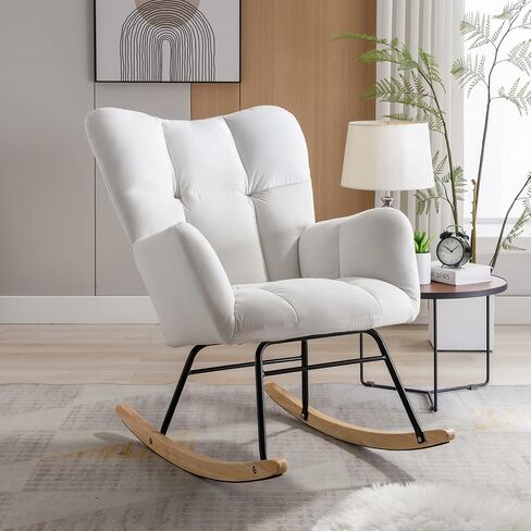 Affmitime Nursery Rocking Chair, Modern Teddy Fabric Nursing Chair for Mom and Baby, Accent Upholstered Rocker Glider Chair with High Backrest for Nursery Bedroom Living Room (Ivory White) in Saudi Arabia