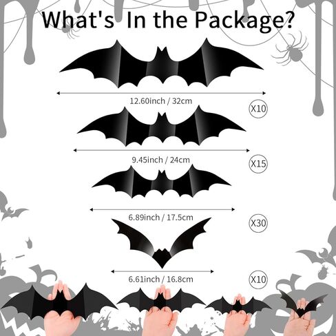 ملصقات حائط الخفافيش لتزيين الهالوين، 65 قطعة من ملصقات الخفافيش ثلاثية الأبعاد لديكور الحائط، ملصقات جدارية لديكور الهالوين، 4 مقاسات ملصقات خفافيش سوداء لديكور المنزل في الهالوين، نافذة داخلية وخارجية in Kuwait