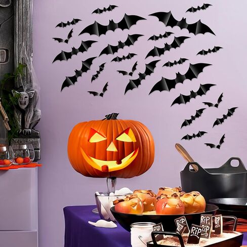 ملصقات حائط الخفافيش لتزيين الهالوين، 65 قطعة من ملصقات الخفافيش ثلاثية الأبعاد لديكور الحائط، ملصقات جدارية لديكور الهالوين، 4 مقاسات ملصقات خفافيش سوداء لديكور المنزل في الهالوين، نافذة داخلية وخارجية in Kuwait