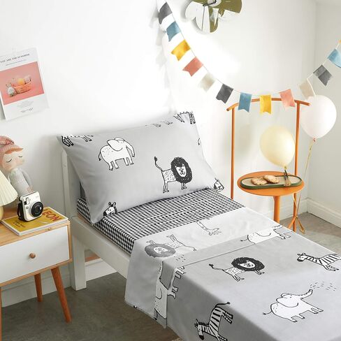 طقم فراش للأطفال الصغار من Flysheep مكون من 4 قطع باللون الرمادي مع حيوانات متعددة مطبوعة للأطفال الأولاد - يتضمن لحاف مبطن، وملاءة مسطحة، وملاءة جاهزة وغطاء وسادة، من الألياف الدقيقة الناعمة والمريحة in Kuwait