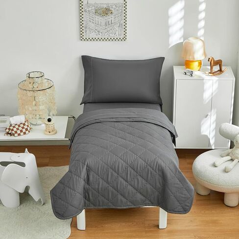 طقم سرير مبطن باللون الرمادي للأطفال مكون من 4 قطع طقم لحاف سرير للأطفال الصغار يتضمن مفرش سرير مقاس طفل صغير وملاءة مسطحة وملاءة جاهزة وكيس وسادة in Kuwait