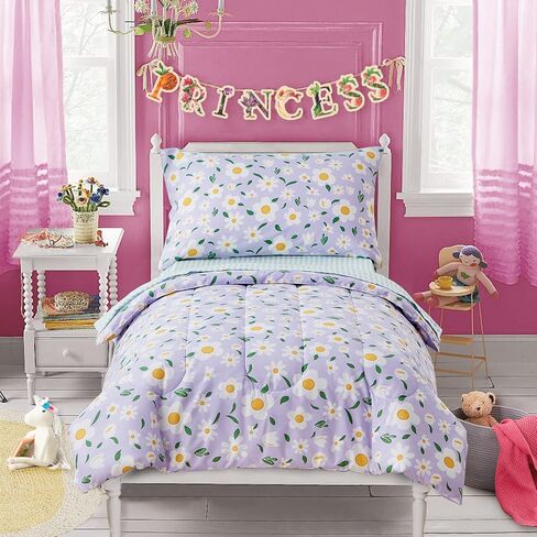 4 Pieces White Girls Toddler Bedding Set Orange Floral Style for Autumu and Winter.- Includes Adorable Quilted Flower Warm Comforter, Green Plaid Fitted Sheet, Top Sheet, and Pillow Case in Saudi Arabia