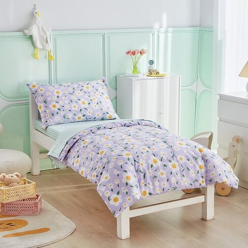 4 Pieces White Girls Toddler Bedding Set Orange Floral Style for Autumu and Winter.- Includes Adorable Quilted Flower Warm Comforter, Green Plaid Fitted Sheet, Top Sheet, and Pillow Case in Saudi Arabia