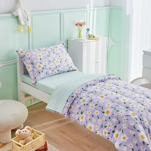 4 Pieces White Girls Toddler Bedding Set Orange Floral Style for Autumu and Winter.- Includes Adorable Quilted Flower Warm Comforter, Green Plaid Fitted Sheet, Top Sheet, and Pillow Case in Saudi Arabia