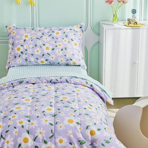 4 Pieces White Girls Toddler Bedding Set Orange Floral Style for Autumu and Winter.- Includes Adorable Quilted Flower Warm Comforter, Green Plaid Fitted Sheet, Top Sheet, and Pillow Case in Saudi Arabia