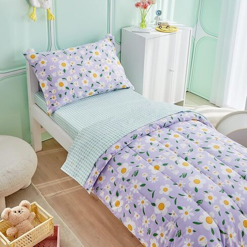 4 Pieces White Girls Toddler Bedding Set Orange Floral Style for Autumu and Winter.- Includes Adorable Quilted Flower Warm Comforter, Green Plaid Fitted Sheet, Top Sheet, and Pillow Case in Saudi Arabia