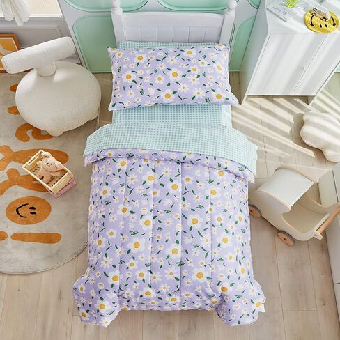 4 Pieces White Girls Toddler Bedding Set Orange Floral Style for Autumu and Winter.- Includes Adorable Quilted Flower Warm Comforter, Green Plaid Fitted Sheet, Top Sheet, and Pillow Case in Saudi Arabia