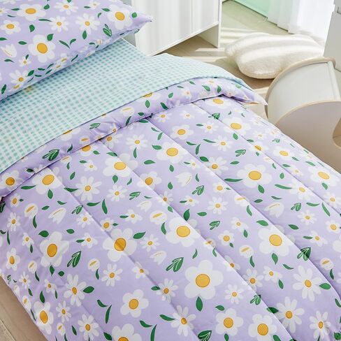 4 Pieces White Girls Toddler Bedding Set Orange Floral Style for Autumu and Winter.- Includes Adorable Quilted Flower Warm Comforter, Green Plaid Fitted Sheet, Top Sheet, and Pillow Case in Saudi Arabia