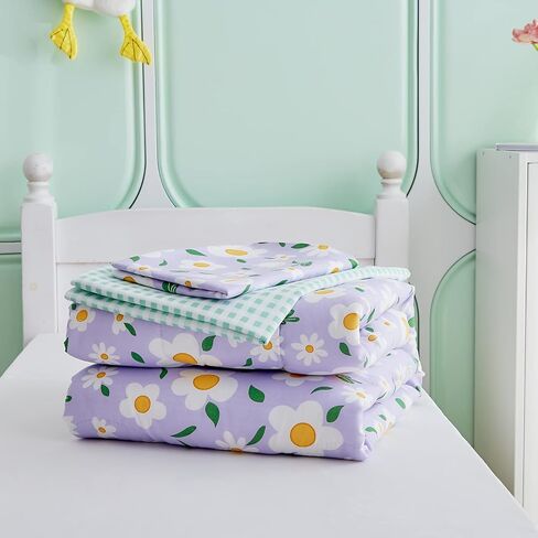 4 Pieces White Girls Toddler Bedding Set Orange Floral Style for Autumu and Winter.- Includes Adorable Quilted Flower Warm Comforter, Green Plaid Fitted Sheet, Top Sheet, and Pillow Case in Saudi Arabia