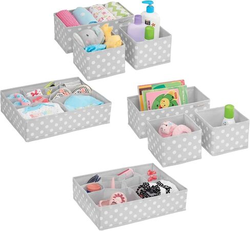mDesign Fabric Drawer Organizer Bins, Kids/Baby Nursery Dresser, Closet, Shelf, Playroom Organization, Hold Clothes, Toys, Diapers, Bibs, Blankets, Set of 4, 2 Pack, Gray/White Polka Dot in Kuwait