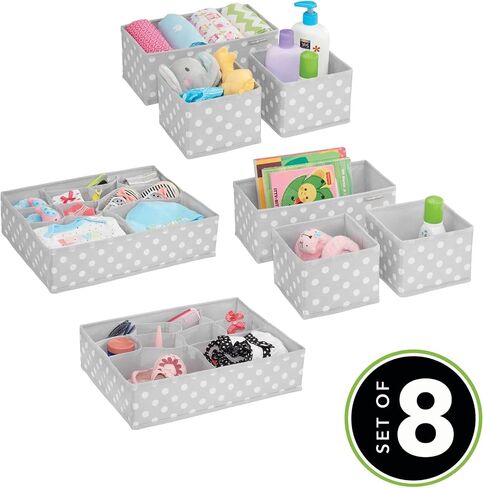 mDesign Fabric Drawer Organizer Bins, Kids/Baby Nursery Dresser, Closet, Shelf, Playroom Organization, Hold Clothes, Toys, Diapers, Bibs, Blankets, Set of 4, 2 Pack, Gray/White Polka Dot in Kuwait