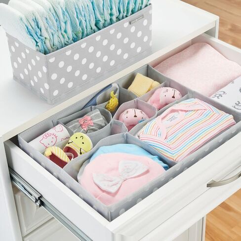 mDesign Fabric Drawer Organizer Bins, Kids/Baby Nursery Dresser, Closet, Shelf, Playroom Organization, Hold Clothes, Toys, Diapers, Bibs, Blankets, Set of 4, 2 Pack, Gray/White Polka Dot in Kuwait