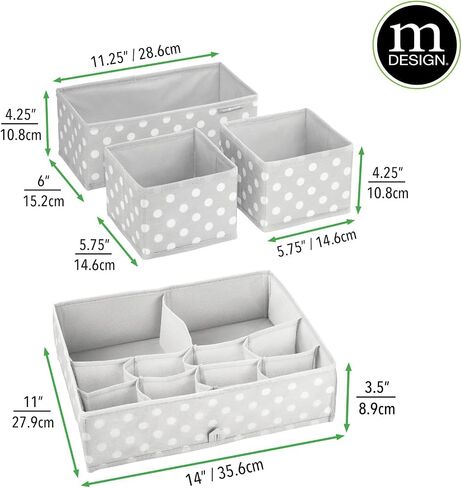 mDesign Fabric Drawer Organizer Bins, Kids/Baby Nursery Dresser, Closet, Shelf, Playroom Organization, Hold Clothes, Toys, Diapers, Bibs, Blankets, Set of 4, 2 Pack, Gray/White Polka Dot in Kuwait