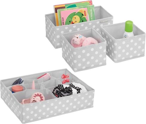 mDesign Fabric Drawer Organizer Bins, Kids/Baby Nursery Dresser, Closet, Shelf, Playroom Organization, Hold Clothes, Toys, Diapers, Bibs, Blankets, Set of 4, 2 Pack, Gray/White Polka Dot in Kuwait