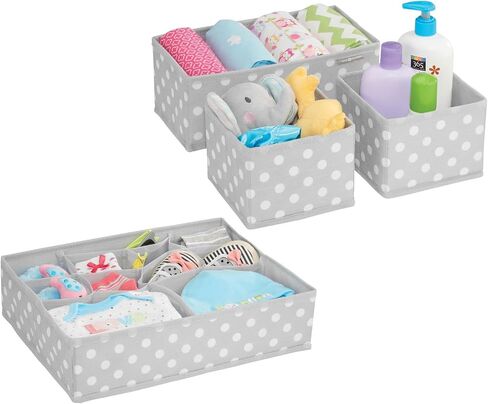 mDesign Fabric Drawer Organizer Bins, Kids/Baby Nursery Dresser, Closet, Shelf, Playroom Organization, Hold Clothes, Toys, Diapers, Bibs, Blankets, Set of 4, 2 Pack, Gray/White Polka Dot in Kuwait