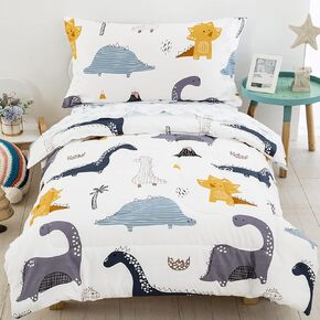 WONGS BEDDING Dinosaur Toddler Bedding Set Blue Reversible Toddler Comforter Ultra Soft Microfiber Toddler Bed Set for Baby Boys 4 Pieces Includes Comforter,Flat Sheet,Fitted Sheet and Pillowcase
