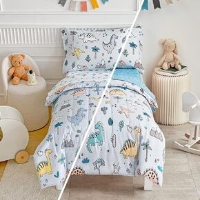 Joyreap 4 Piece Toddler Bedding Set, Cute Dinosaur on Light Blue, Ultra Soft Microfiber Toddler Comforter for Kids Boys Girls, includes Quilted Comforter, Fitted Sheet, Top Sheet, and Pillow Case