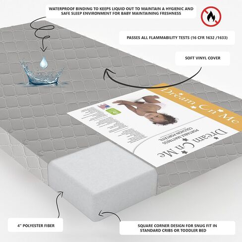 Dream On Me Asheville 4" Firm Fiber Crib And Toddler Mattress | Waterproof | GreenGuard Gold Certified | Dual-Sided Mattress | Grey Embossed Cover | Lightweight Reversible Design in Kuwait