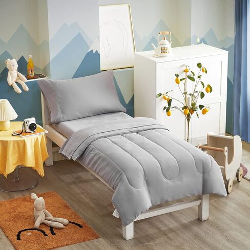 UOZZI BEDDING 4 Pieces Toddler Bedding Set Ultra Soft and Breathable Toddler Sheet Set - Includes Comforter, Flat Sheet, Fitted Sheet and Pillowcase - Royal Blue & Gray in Saudi Arabia
