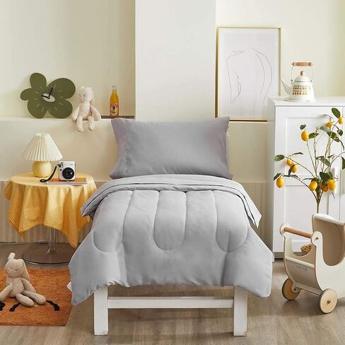 UOZZI BEDDING 4 Pieces Toddler Bedding Set Ultra Soft and Breathable Toddler Sheet Set - Includes Comforter, Flat Sheet, Fitted Sheet and Pillowcase - Royal Blue & Gray in Saudi Arabia