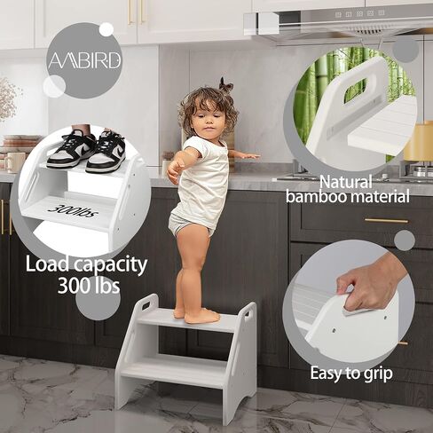 AMBIRD Wooden Step Stool, Two Step Stools Toddler 300 lbs Capacity with Safety Non-Slip Pads and Handles, Bamboo Step Stool for Bathroom, Kitchen Dual Height Step Stools for Kids (Natural) in Kuwait