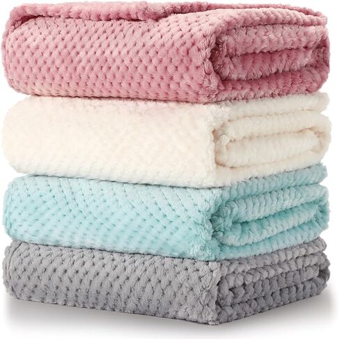 Reginary 4Pcs 30x40 Baby Blankets Fuzzy,Light Blue, Pink, Beige, Gray | Waffle Flannel Baby Throw Blankets, Warm Nursery & Crib Blankets, Girl & Boy Newborn Infant in Saudi Arabia