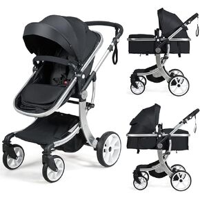 BABY JOY 2-in-1 High Landscape Baby Stroller, Reversible Bassinet Reclining Stroller, Foldable Push Chair w/Adjustable Canopy, Storage Bag, Foot Cover, Rain Cover & Net, Aluminum Alloy Frame (Beige)