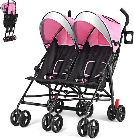HONEY JOY Double Stroller, Compact Lightweight Stroller Side by Side, Adjustable Canopy, Cup Holder & Storage Bag, Travel Stroller for Airplane, Foldable Twin Umbrella Stroller for Infant and Toddler in Saudi Arabia
