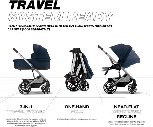 عربة أطفال Cybex Balios S Lux بمواجهة أمامية أو مواجهة للوالدين، مواضع مقعد بيد واحدة قابلة للطي ومتعددة الأوضاع، عربة أطفال بمقود جلدي قابل للتعديل لمدة 6 أشهر فما فوق، أسود عميق in Kuwait