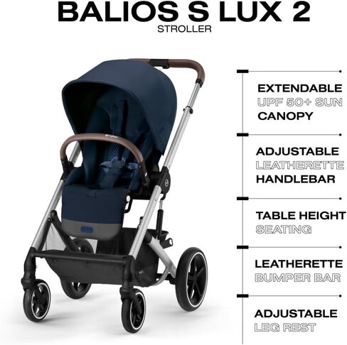 عربة أطفال Cybex Balios S Lux بمواجهة أمامية أو مواجهة للوالدين، مواضع مقعد بيد واحدة قابلة للطي ومتعددة الأوضاع، عربة أطفال بمقود جلدي قابل للتعديل لمدة 6 أشهر فما فوق، أسود عميق in Kuwait