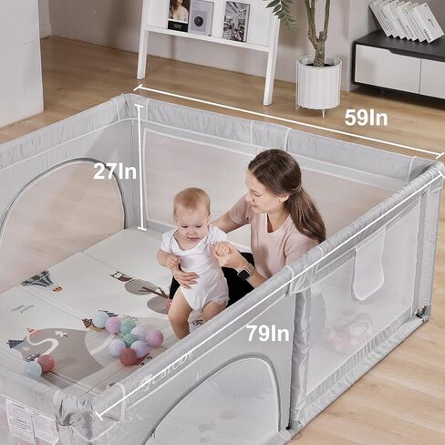Baby Playpen, Playpen for Babies, Extra Large Play Yard for Infants Toddlers, Indoor Safety Kids Activity Center, Anti Fall Baby Fence with Window Gates(79x59x27 Inches, Grey) in Saudi Arabia