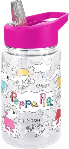 LOGOVISION Peppa Pig Kids Tritan Plastic Water Bottle with Straw Lid and Handle, Reusable Tumbler for Toddlers, Unisex for Girls and Boys, 12oz, Peppa Stuff Pattern in Saudi Arabia