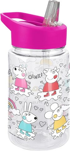 LOGOVISION Peppa Pig Kids Tritan Plastic Water Bottle with Straw Lid and Handle, Reusable Tumbler for Toddlers, Unisex for Girls and Boys, 12oz, Peppa Stuff Pattern in Saudi Arabia
