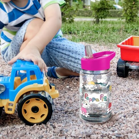 LOGOVISION Peppa Pig Kids Tritan Plastic Water Bottle with Straw Lid and Handle, Reusable Tumbler for Toddlers, Unisex for Girls and Boys, 12oz, Peppa Stuff Pattern in Saudi Arabia