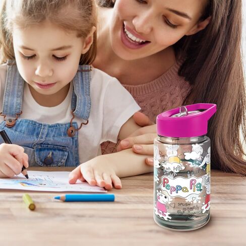 LOGOVISION Peppa Pig Kids Tritan Plastic Water Bottle with Straw Lid and Handle, Reusable Tumbler for Toddlers, Unisex for Girls and Boys, 12oz, Peppa Stuff Pattern in Saudi Arabia