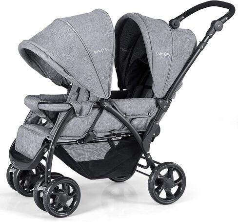 BABY JOY Double Stroller, Foldable Lightweight Twin Stroller with Tandem Seating, Adjustable Backrest/Canopy/Footrest, 5-Point Harness, Storage Basket, Newborn and Toddler (Black) in Saudi Arabia