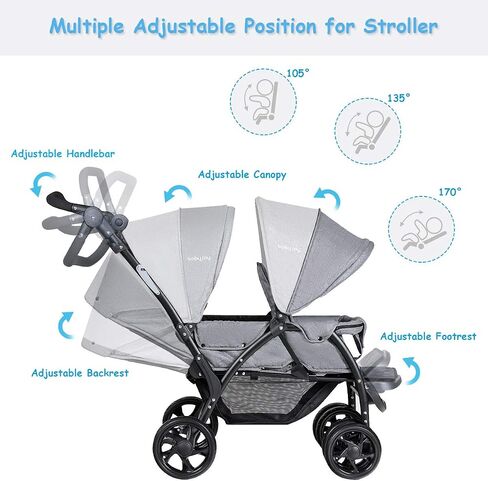 BABY JOY Double Stroller, Foldable Lightweight Twin Stroller with Tandem Seating, Adjustable Backrest/Canopy/Footrest, 5-Point Harness, Storage Basket, Newborn and Toddler (Black) in Saudi Arabia