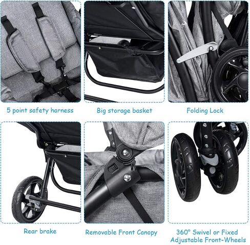 BABY JOY Double Stroller, Foldable Lightweight Twin Stroller with Tandem Seating, Adjustable Backrest/Canopy/Footrest, 5-Point Harness, Storage Basket, Newborn and Toddler (Black) in Saudi Arabia