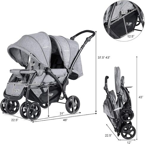 BABY JOY Double Stroller, Foldable Lightweight Twin Stroller with Tandem Seating, Adjustable Backrest/Canopy/Footrest, 5-Point Harness, Storage Basket, Newborn and Toddler (Black) in Saudi Arabia